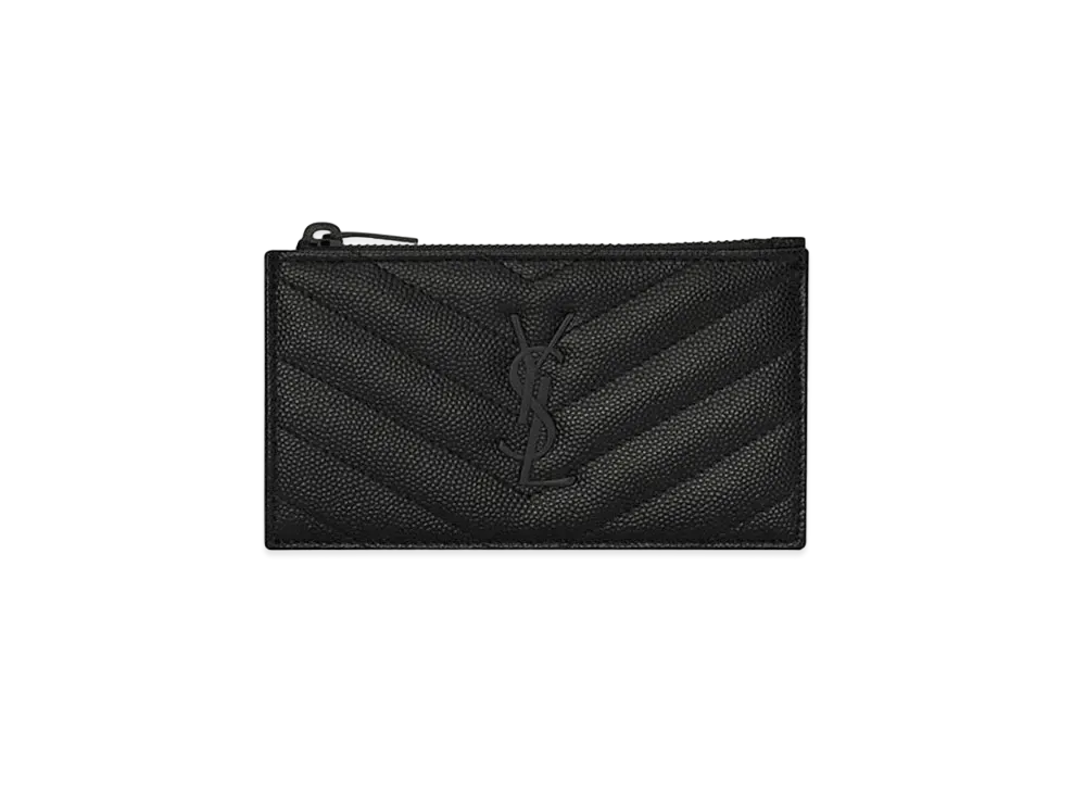 SAINT LAURENT Monogram Fragments Zip Card Case In Grain De Poudre Embossed Leather "Black"