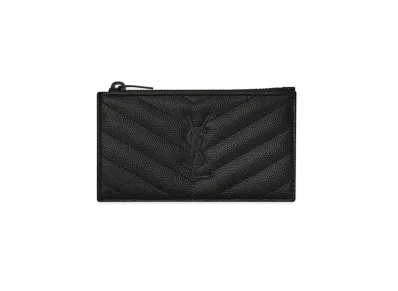 SAINT LAURENT Monogram Fragments Zip Card Case In Grain De Poudre Embossed Leather "Black"