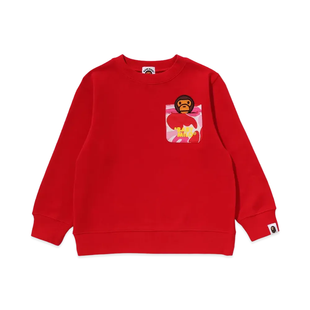 A BATHING APE Kids ABC Camo Pocket Milo Patch Crewneck Sweatshirt "Red"
