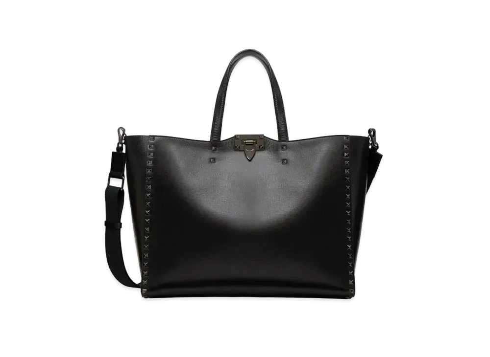 Valentino Rock Studs Alcove Grain Calfskin Tote "Black"