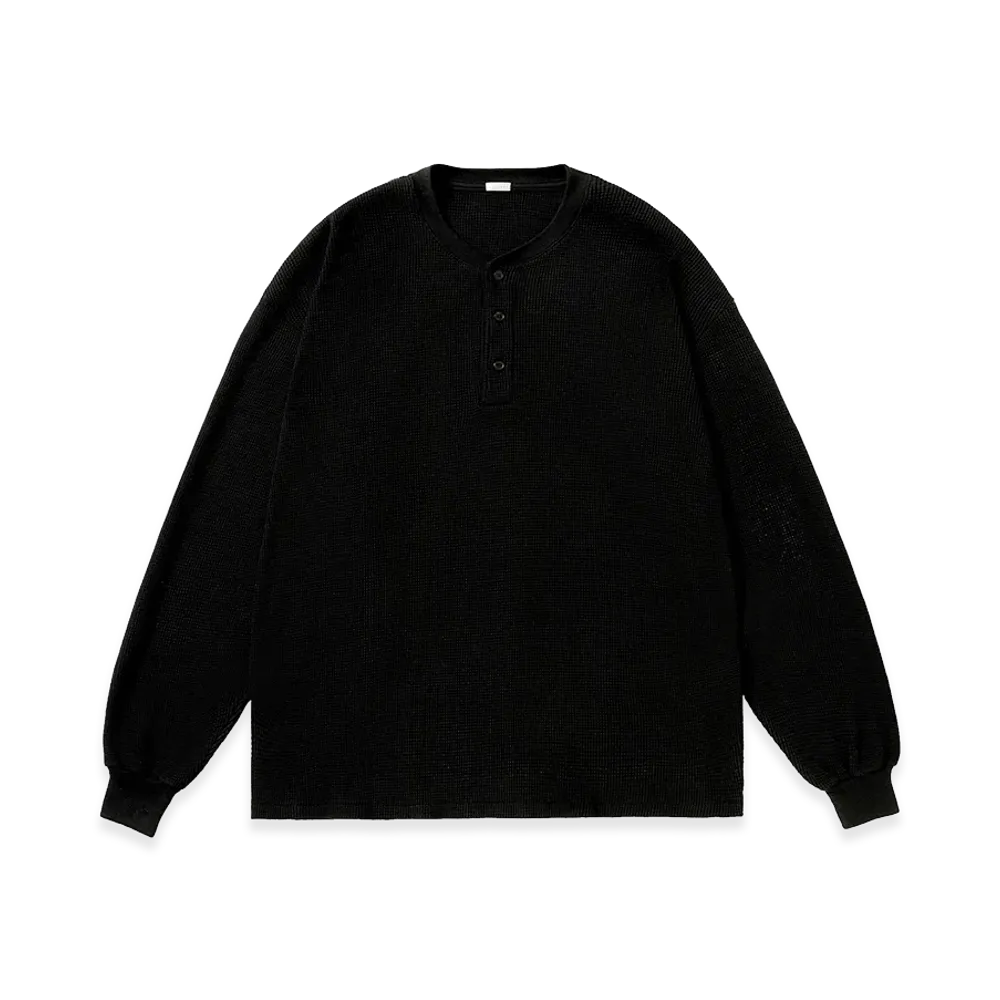 A.PRESSE Cashmere Blend Waffle Long Sleeve Henley Neck Shirt "Black"