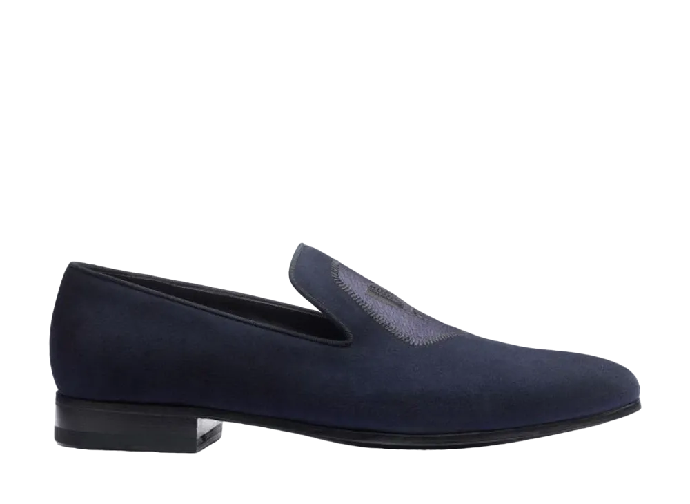 J.M.Weston Albi Loafer with Embroidery #910 Goat Suede "Navy"13A7FOE91053 Leather Sole