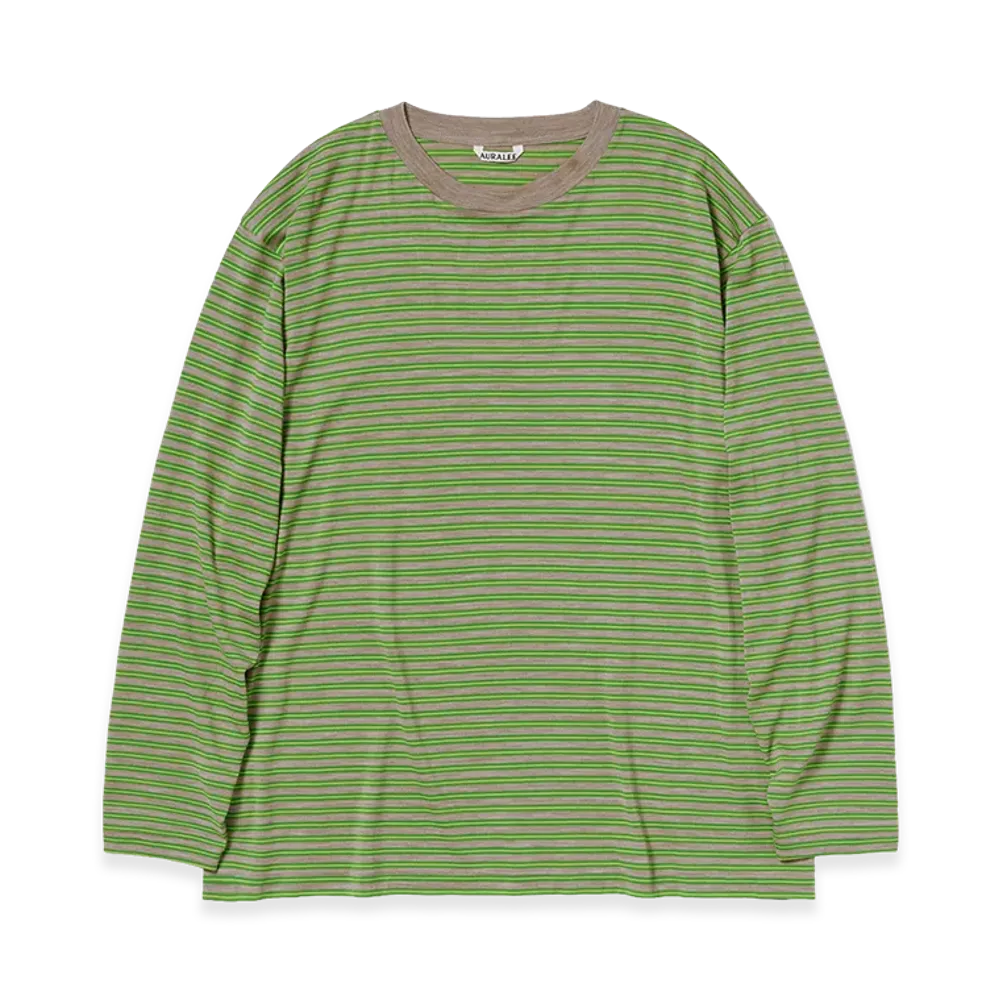AURALEE Soft Smooth Wool Stripe Jersey L/S Tee "Green Stripe"