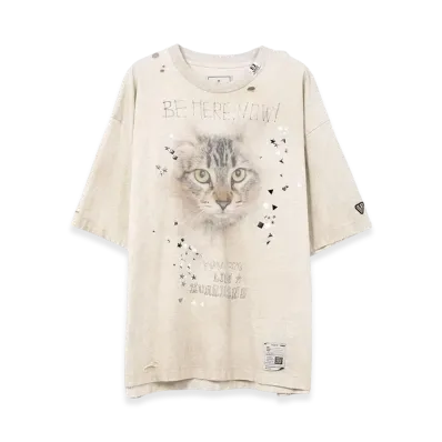 Maison MIHARA YASUHIRO Cat Printed Embellished Distressed T-Shirt "Gray"