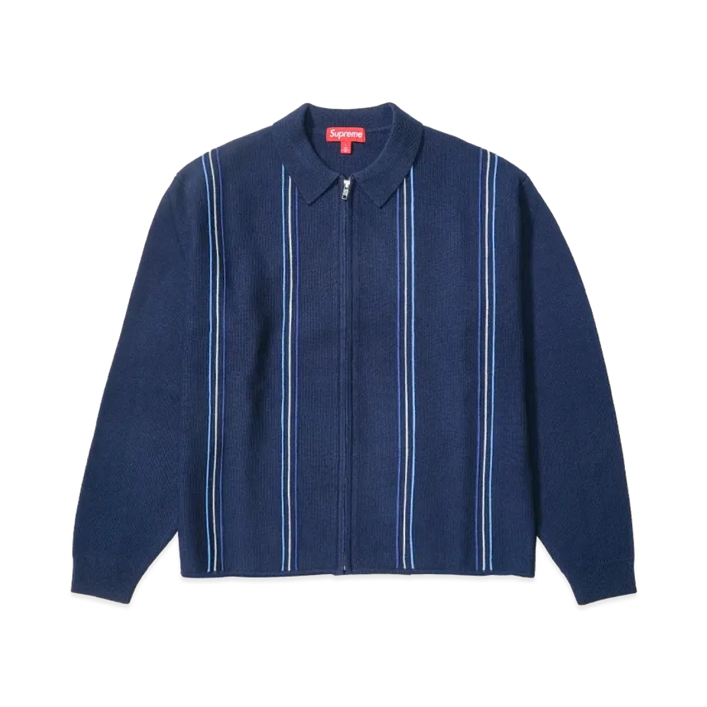 Supreme Stripe Zip Up Polo Sweater "Navy"