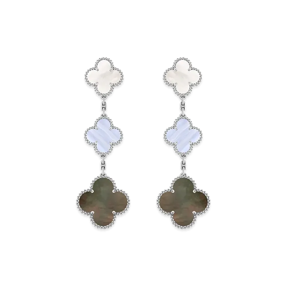 Van Cleef & Arpels Magic Alhambra earrings 3 motifs "18K White gold/Chalcedony/Mother-of-pearl"