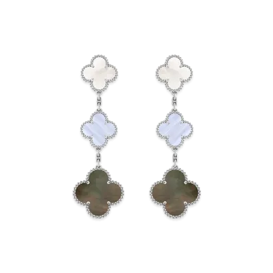 Van Cleef & Arpels Magic Alhambra earrings 3 motifs "18K White gold/Chalcedony/Mother-of-pearl"