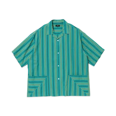 BEAMS Dobby Striped Open Collar Shirt "Teal"