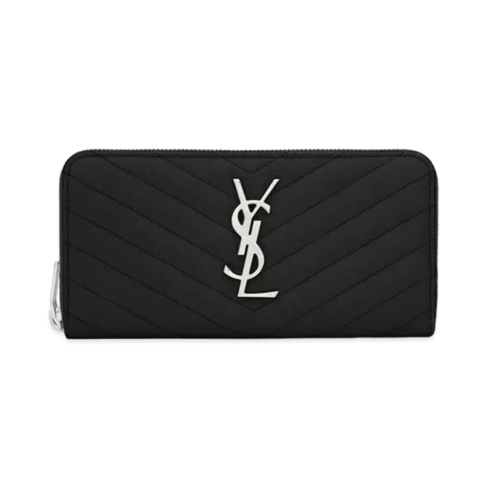 Saint Laurent Monogram Zip Around Wallet In Grain De Poudre Embossed Leather "Black"
