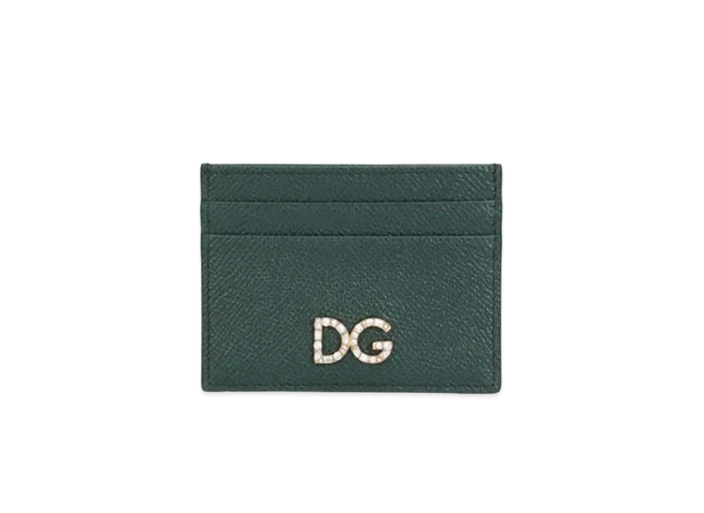 Dolce&Gabbana Credit Card Holder Dauphine Calfskin DG Rhinestone "Green"