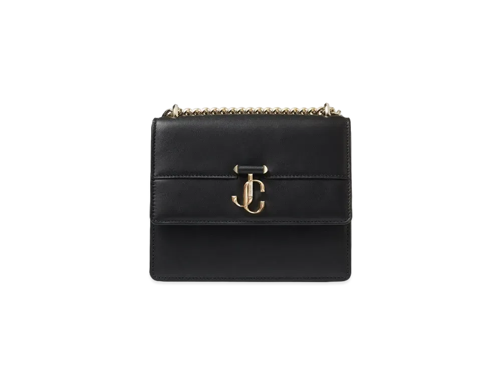 JIMMY CHOO VARENNE QUAD Light Gold JC Logo With Fine Shiny Curf Leather Shoulder Bag "Black"
