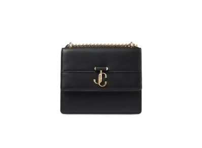 JIMMY CHOO VARENNE QUAD Light Gold JC Logo With Fine Shiny Curf Leather Shoulder Bag "Black"