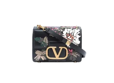 Valentino Studs Sign Floral Embroidery Shoulder Bag "Black/Multicolor"