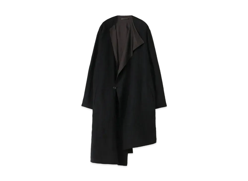 Yohji Yamamoto Y's WOOL ROUGH TWILL GARMENT MILLING COLLARLESS ASYMME COAT "Black"
