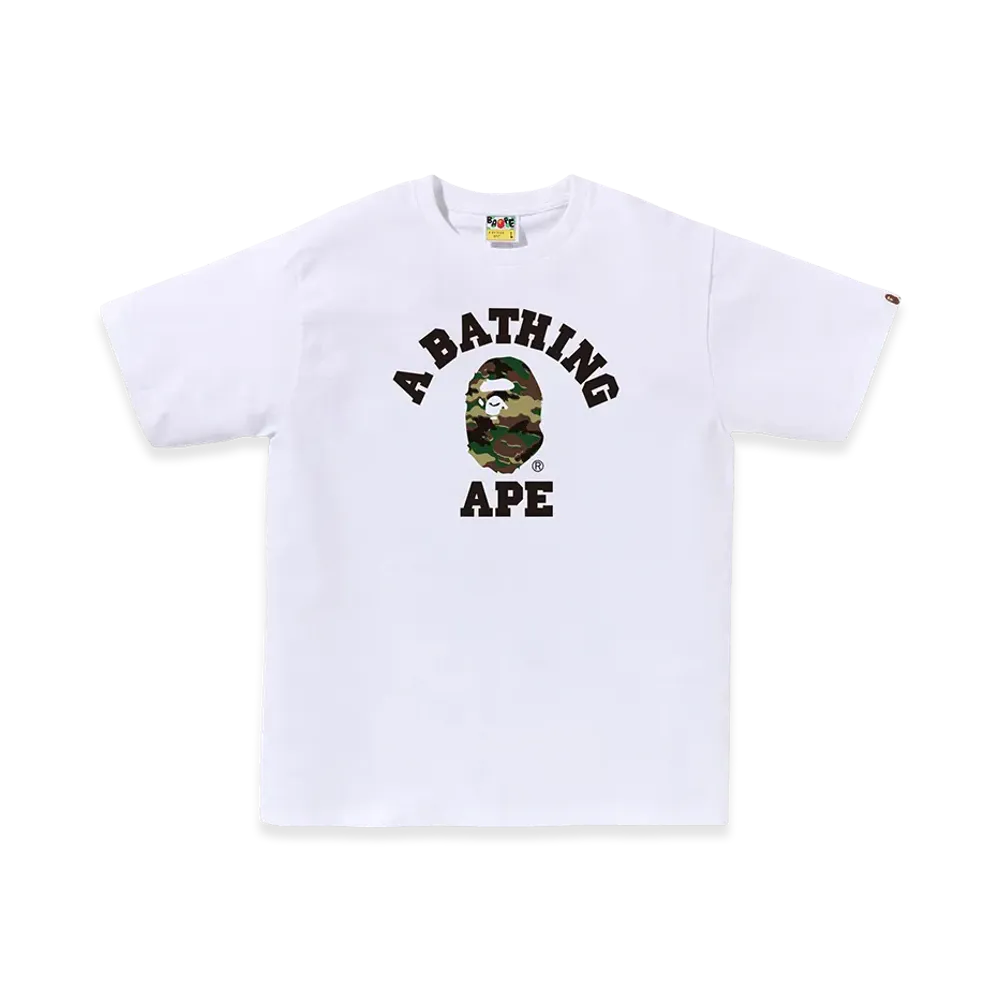 A BATHING APE Glitch Woodland Camo College Tee "White/Green"
