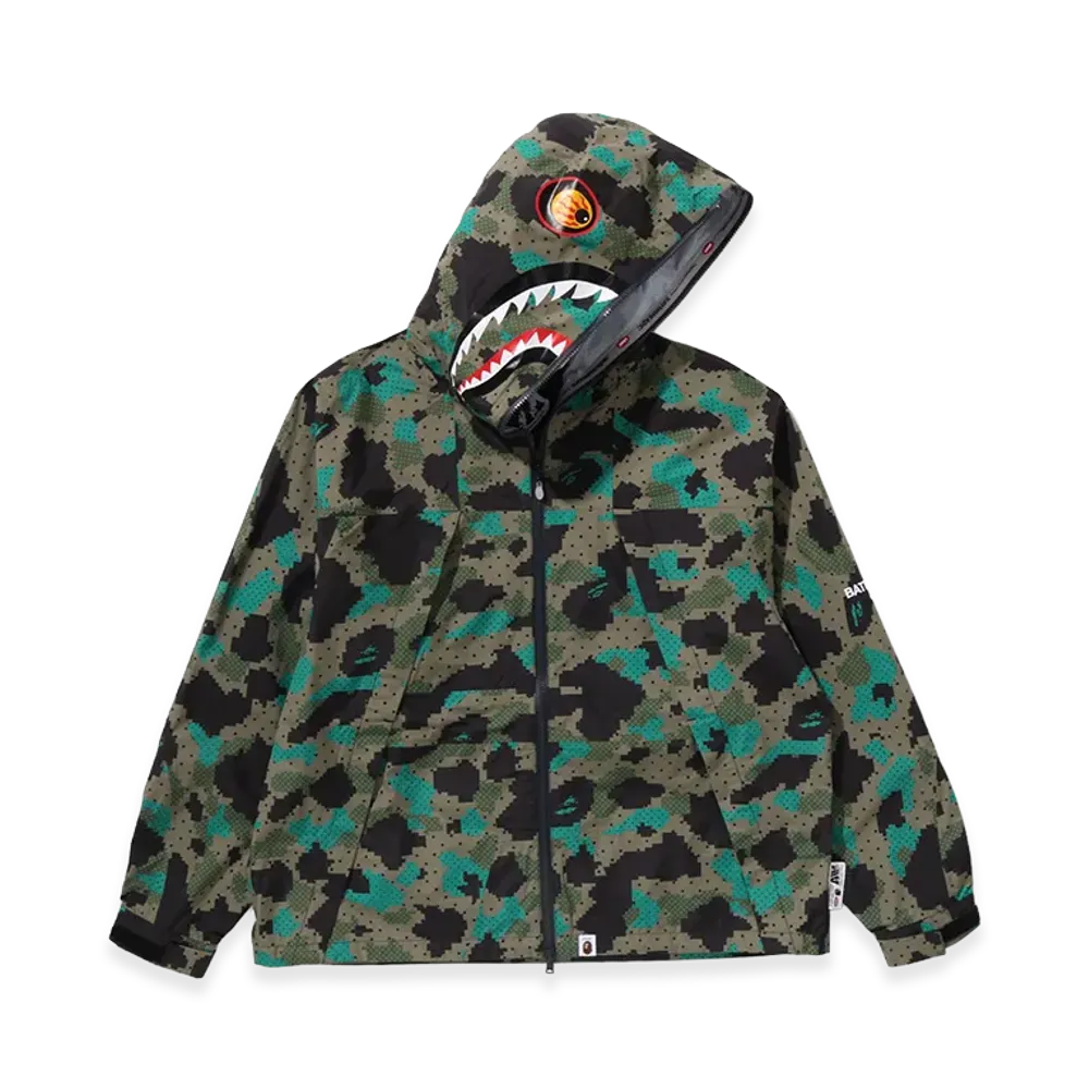 A BATHING APE x KAZUKI KURAISHI Camo Shark Packable Snowboard Jacket "Green"