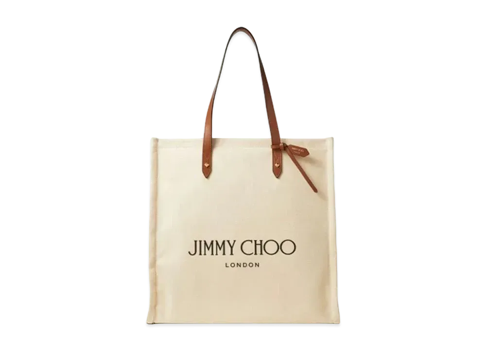 Jimmy Choo Logo Tote Canvas Tote Bag With Leather Handles "Dark Tan Natural"