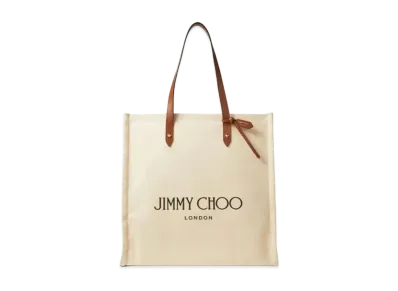 Jimmy Choo Logo Tote Canvas Tote Bag With Leather Handles "Dark Tan Natural"