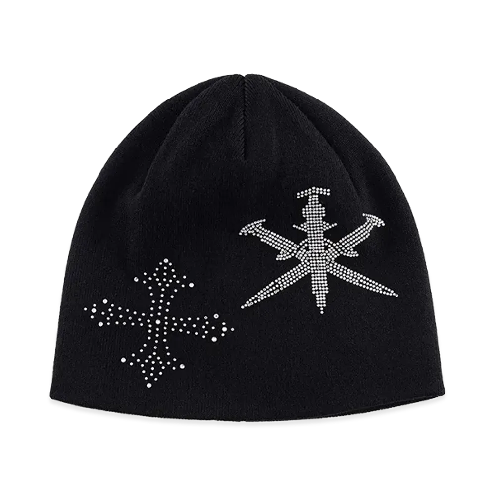 Unknown London Dagger Cross Rhinestone Beanie "Black"