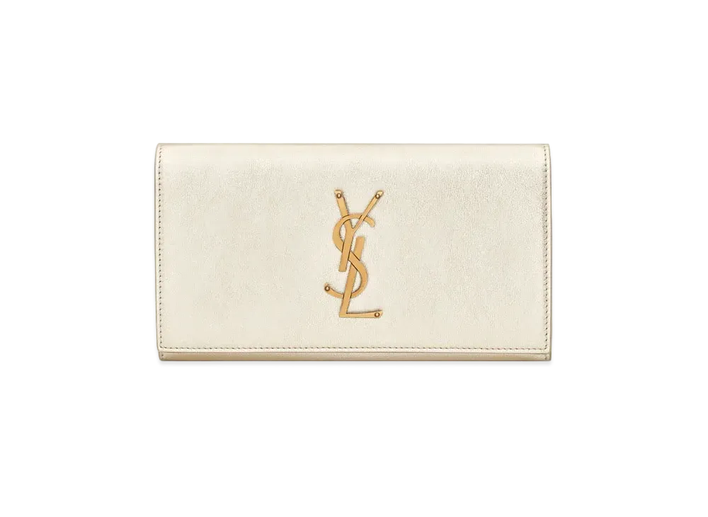 SAINT LAURENT Monogram Large Flap Wallet In Metallized Leather "Pale Gold"