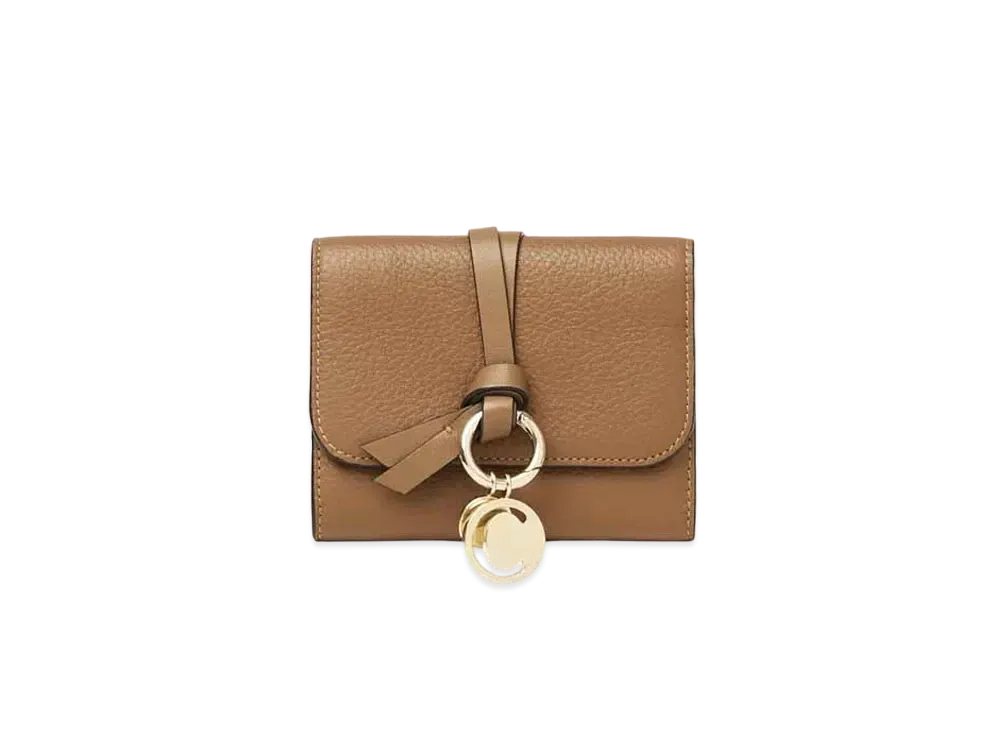 Chloe Alphabet Small Tri Fold Wallet With Leather Link In Grained & Shiny Calfskin "Cement Brown"