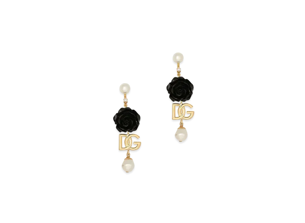 Dolce&Gabbana Drop Earrings With Roses And DG Logo "Gold"