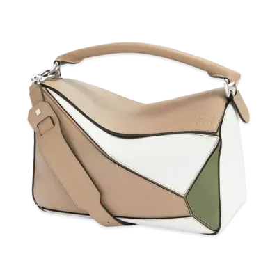 LOEWE Puzzle Bag In Classic Calfskin "Sand/Avocado Green"