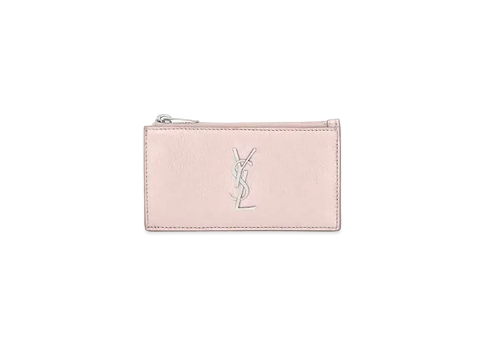 SAINT LAURENT Monogram Fragments Zipped Card Case In Metallized Leather "Rose Gold"