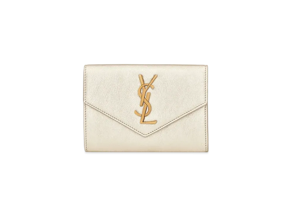 SAINT LAURENT Monogram Small Envelope Wallet In Metallized Leather "Pale Gold"