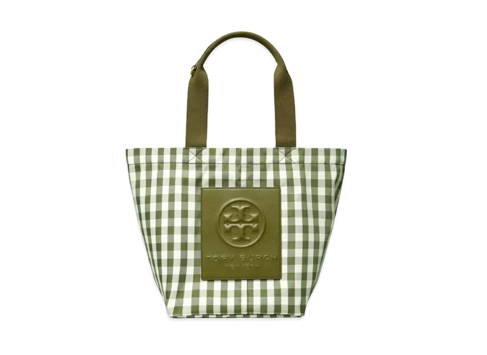 Tory Burch Piper Gingham Small Square Tote Bag "Leccio/New Ivory Gingham"