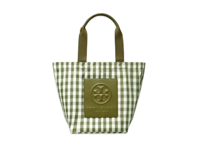 Tory Burch Piper Gingham Small Square Tote Bag "Leccio/New Ivory Gingham"