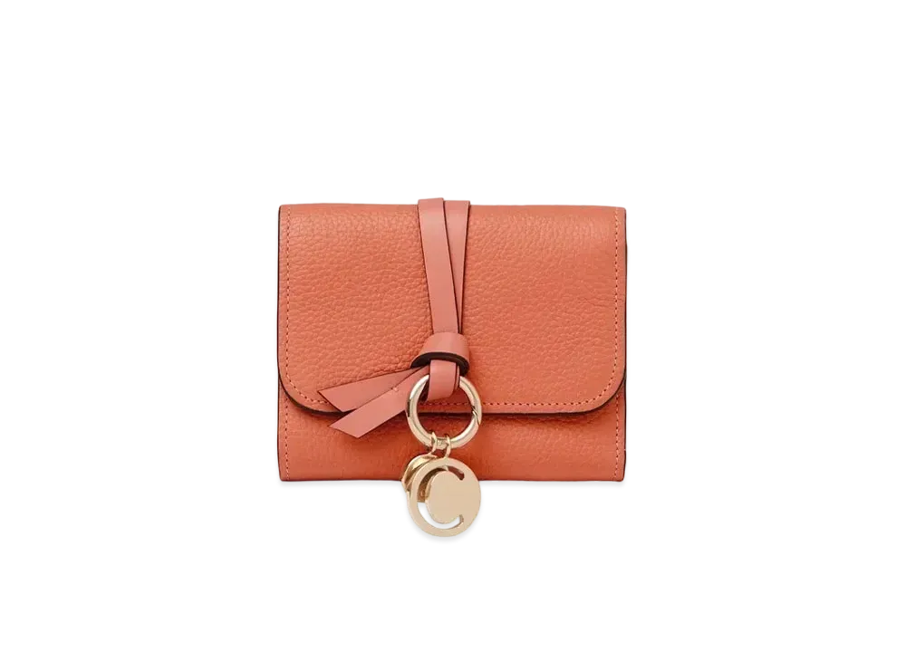 Chloe Alphabet Small Tri Fold Wallet With Leather Link In Grained & Shiny Calfskin "Auburn Orange"