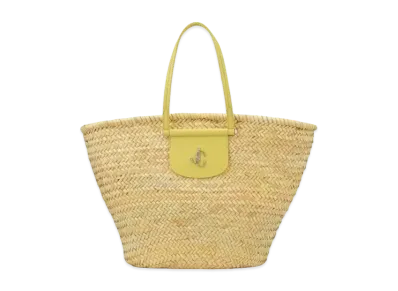 Jimmy Choo Macy Tote Palm Leaf Raffia And Calf Leather Tote Bag With JC Logo "Silver/Natural/Sunbleached"