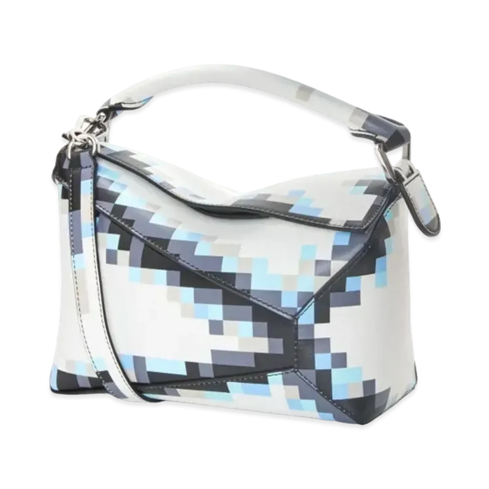 LOEWE Small Pixelated Puzzle Edge Bag In Satin Calfskin "White"