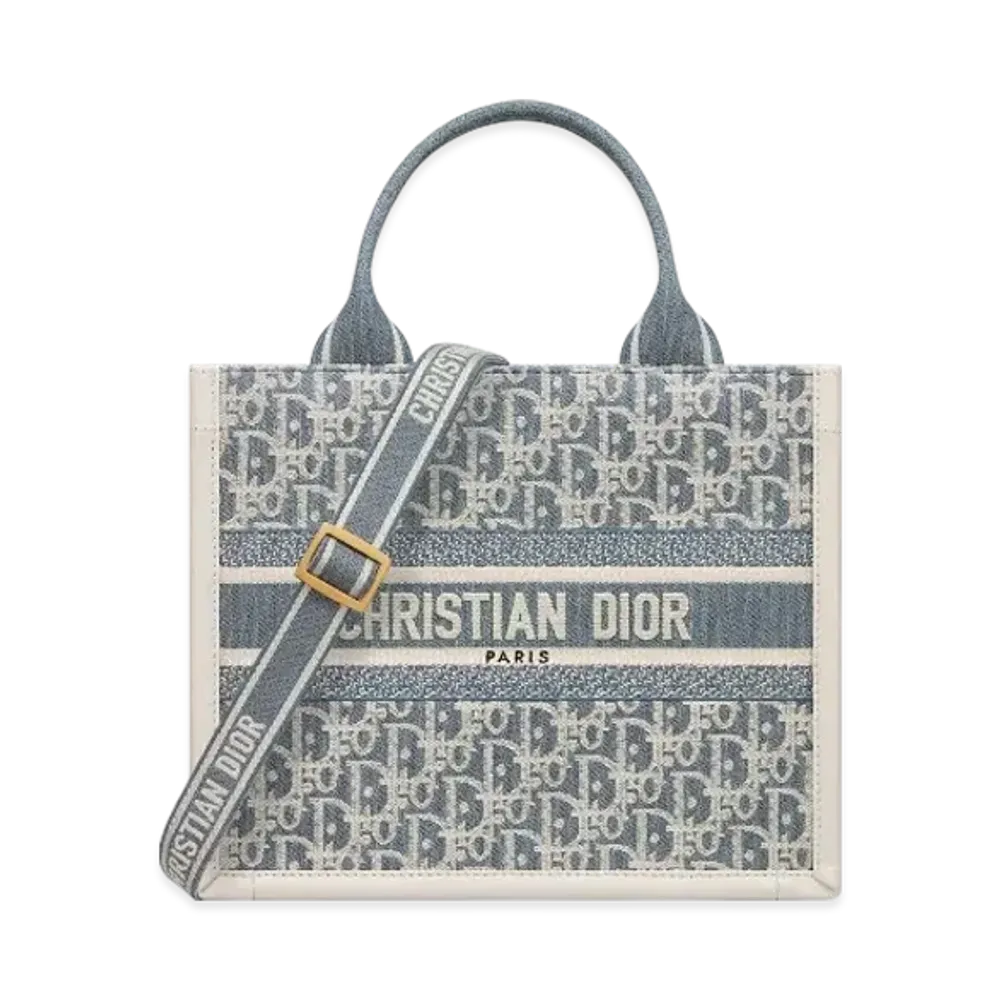 Dior Small Dior Book Tote Dior Oblique Chambray Embroidery and Calfskin "Blue/Latte"