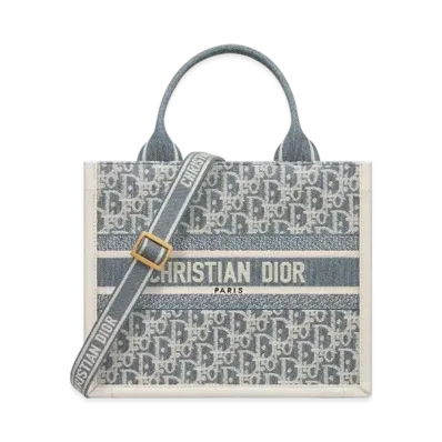 Dior Small Dior Book Tote Dior Oblique Chambray Embroidery and Calfskin "Blue/Latte"