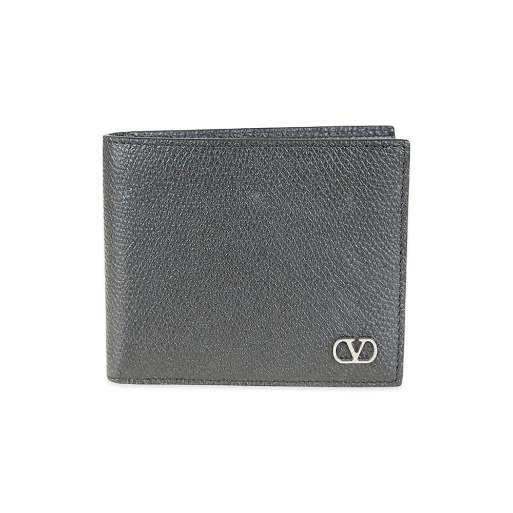 Valentino V Logo Signature Grainy Calfskin Bi-Fold Wallet "Black"