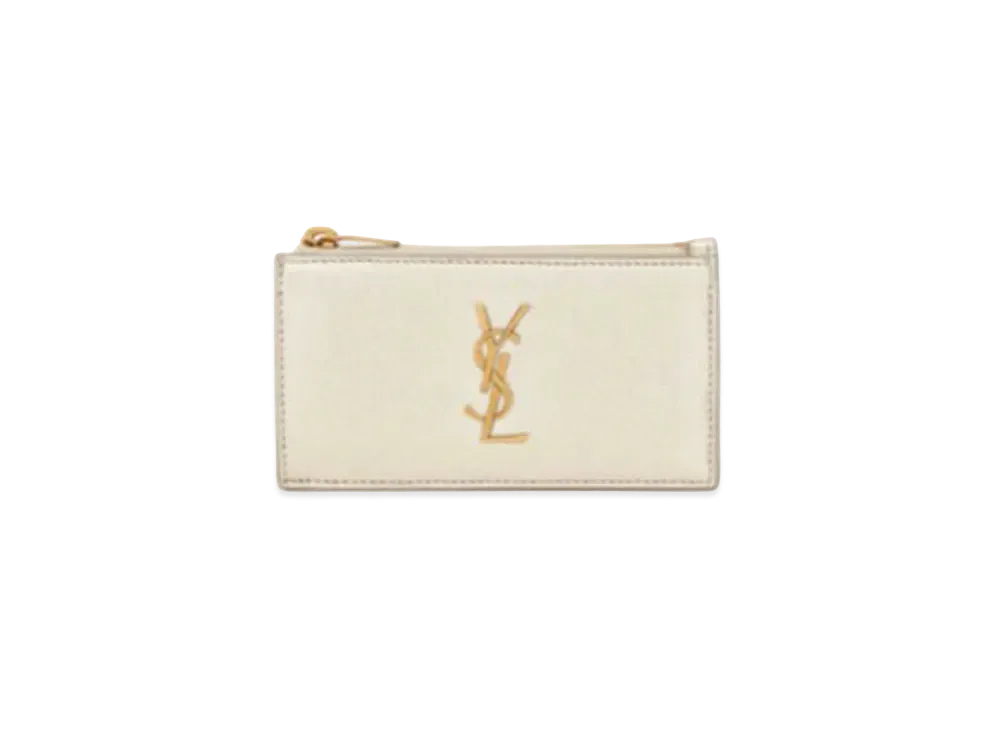 SAINT LAURENT Monogram Fragments Zipped Card Case In Metallized Leather "Pale Gold"