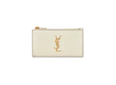 SAINT LAURENT Monogram Fragments Zipped Card Case In Metallized Leather "Pale Gold"