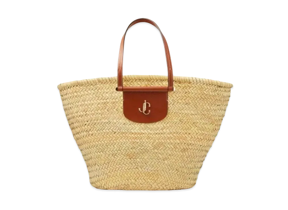 Jimmy Choo Macy Tote Palm Leaf Raffia Calf Leather Tote Bag With JC Logo "Light Gold/Natural/Dark Tan"