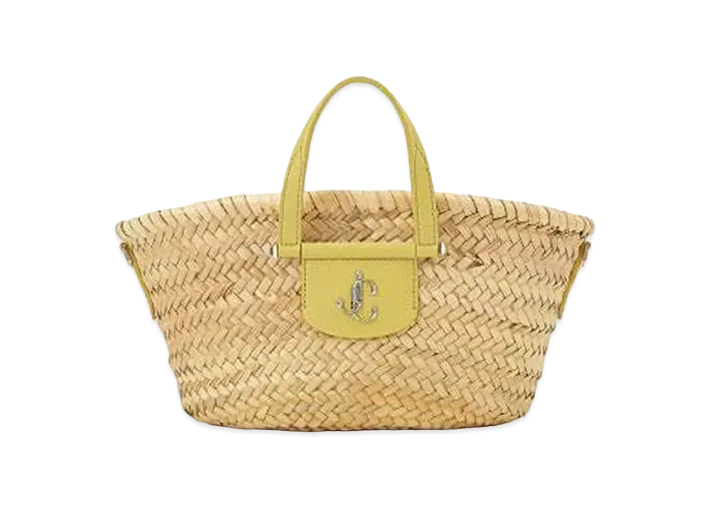 Jimmy Choo Macy Tote/S Palm Leaf Raffia And Calf Leather Tote Bag With JC Logo "Silver/Natural/Sunbleached"