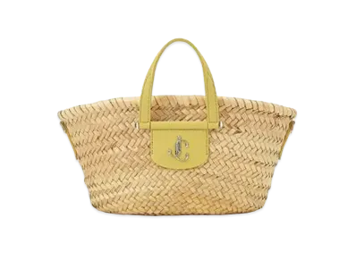 Jimmy Choo Macy Tote/S Palm Leaf Raffia And Calf Leather Tote Bag With JC Logo "Silver/Natural/Sunbleached"
