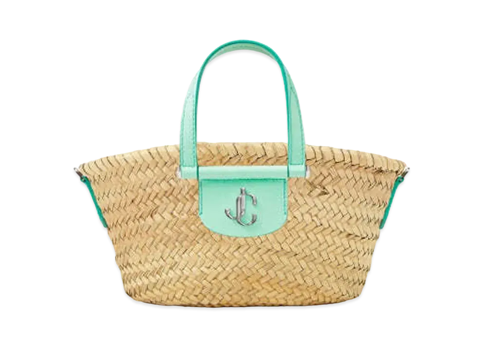 Jimmy Choo Macy Tote/S Palm Leaf Raffia And Calf Leather Tote Bag With JC Logo "Silver/Natural/Miami Mint"