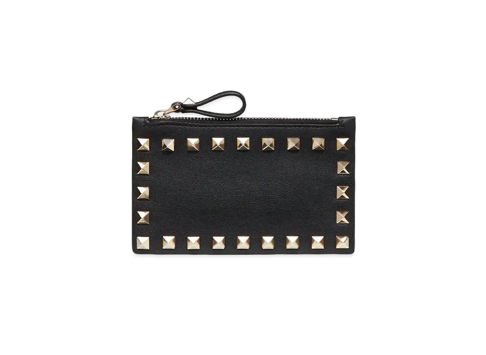 Valentino Rockstud Calfskin Cardholder With Zipper "Black"