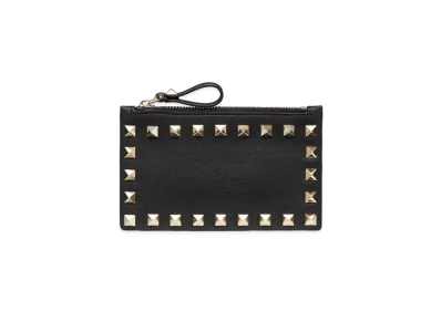 Valentino Rockstud Calfskin Cardholder With Zipper "Black"