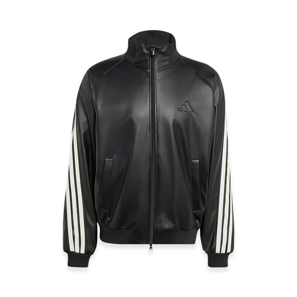 adidas Stadium Loose Fit Faux Leather Track Jacket "Black/Off White"
