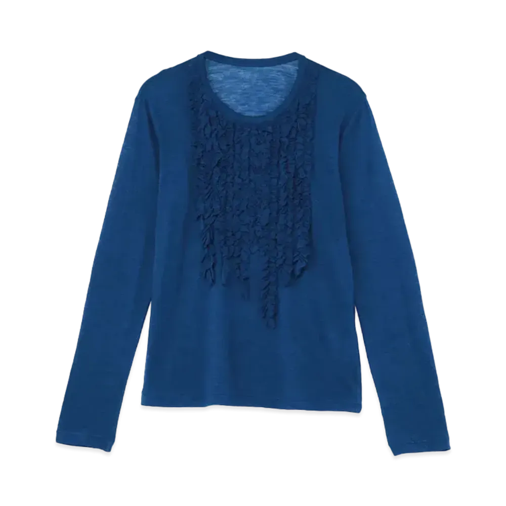 Yohji Yamamoto Y's WOOL SILK GAUZE PLAIN STITCH CUTTING FRILL T "Blue"