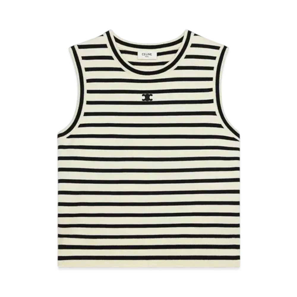 CELINE Women's Triomphe Sleeevess Mariniere Sweater in Wool "Ecru/Black"