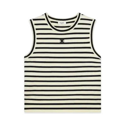 CELINE Women's Triomphe Sleeevess Mariniere Sweater in Wool "Ecru/Black"