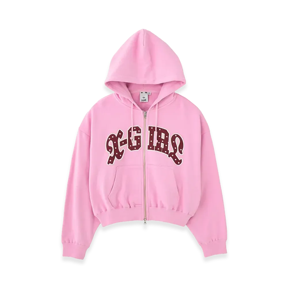 X-Girl Studded Logo Zip Up Sweat Hoodie "Light Pink"